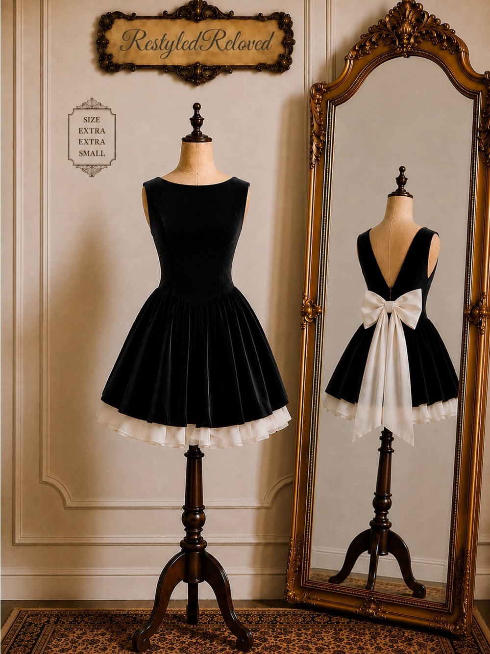 CIDER Velvet Boat Neck Ruffle Tie Back Dress – Black/Ivory – XXS